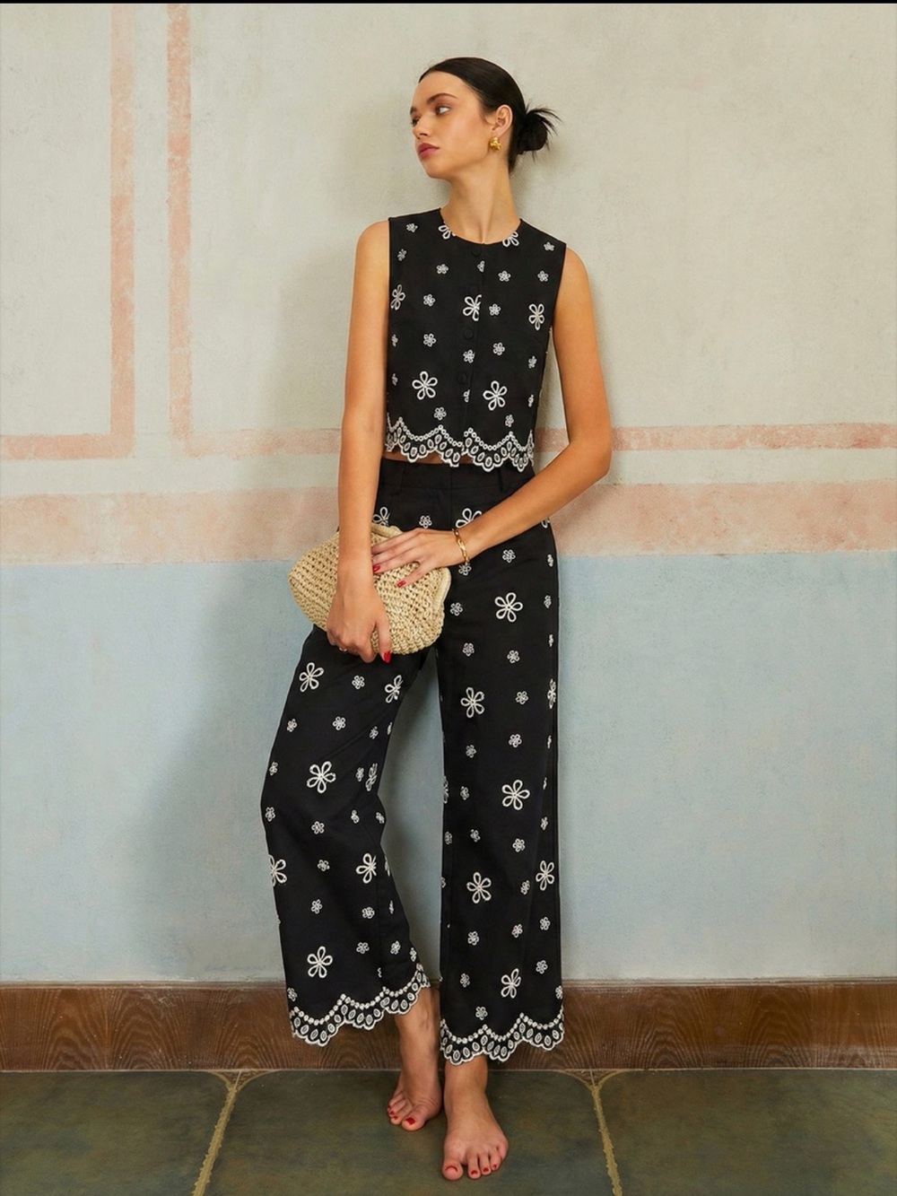 Commense embroidered Black Two-Piece Wide Leg Set with White Floral Embroidery